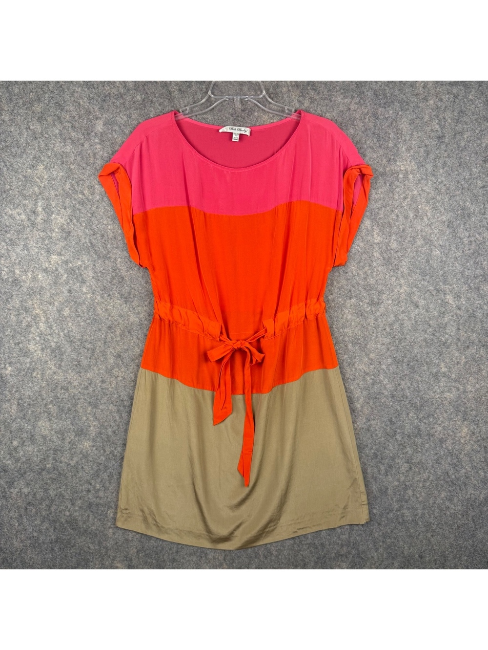Beth Bowley Colorblock Cap Sleeve Dress Hot Pink Orange Khaki Size 8 Silk 688